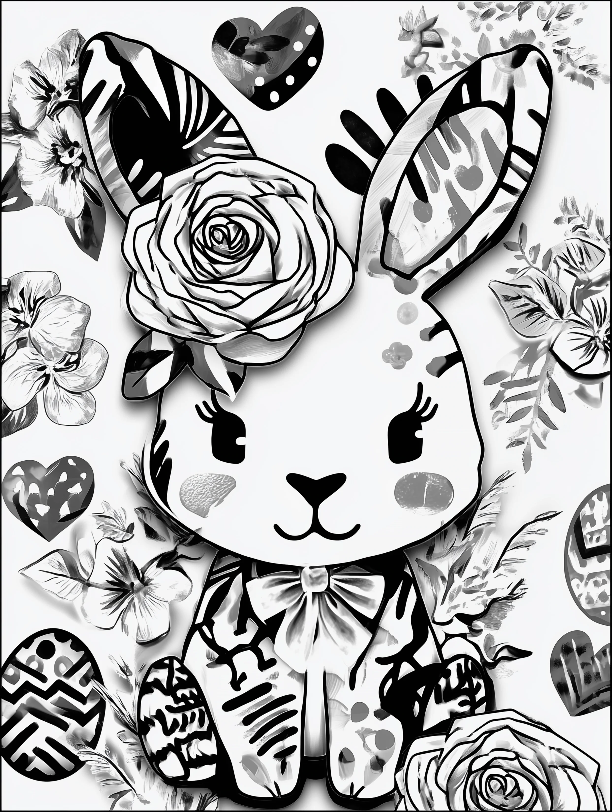 Free printable coloring page for adults featuring flowers and a rabbit